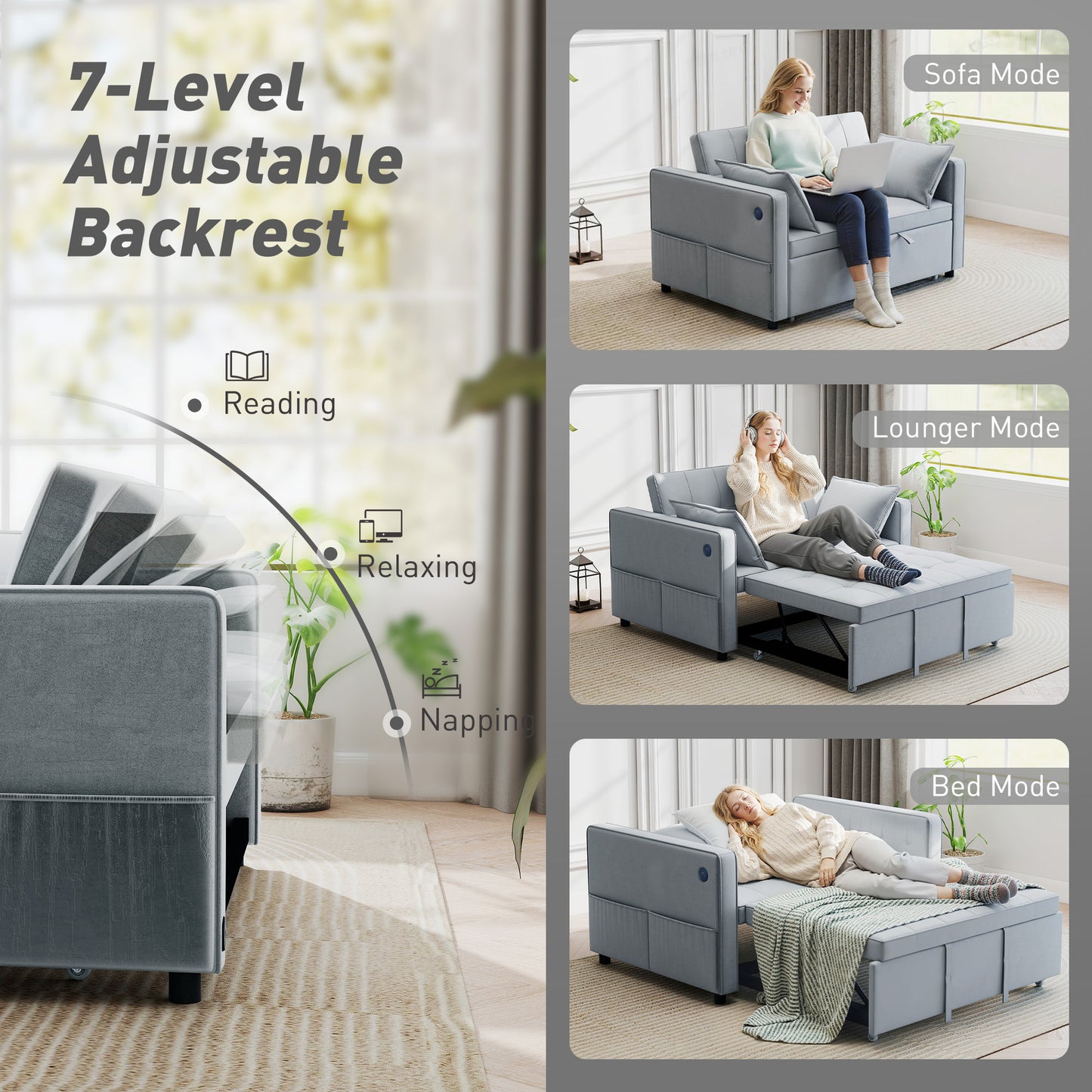 3‑in‑1 Double Sofa Bed, Pull Out Sleeper Sofa with USB Charging, Adjustable Backrest, Side Pockets, Light Grey