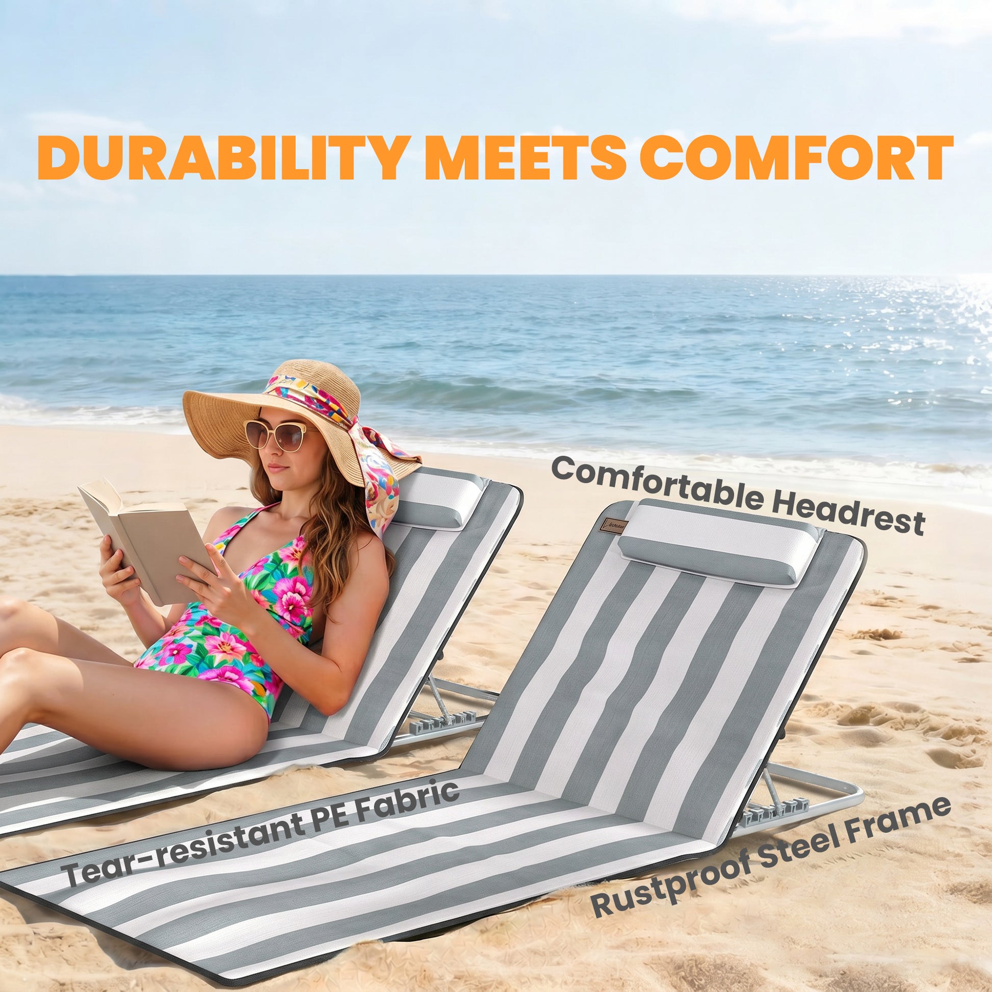 2 Pieces Beach Lounge Chair, Outdoor Folding Chaise Lounge Set w/ Pillow for Sunbath, Snap, Light Grey and White
