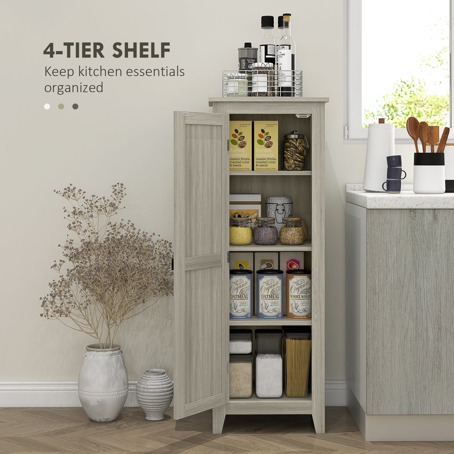 48" Kitchen Pantry Storage Cabinet w/ Barn Door, Kitchen Pantry Cabinet w/ Adjustable Shelves, Grey Wood Grain