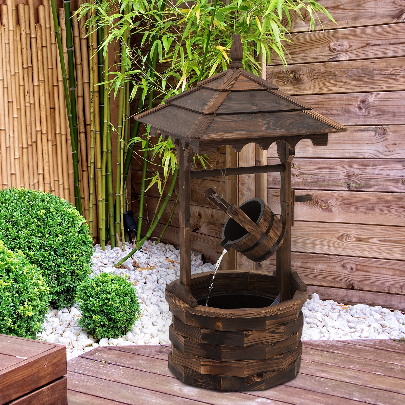 Outdoor Waterfall Fountain w/ Pump Natural Wood Wishing Well Garden Decor, 22.5x22.5x47.25