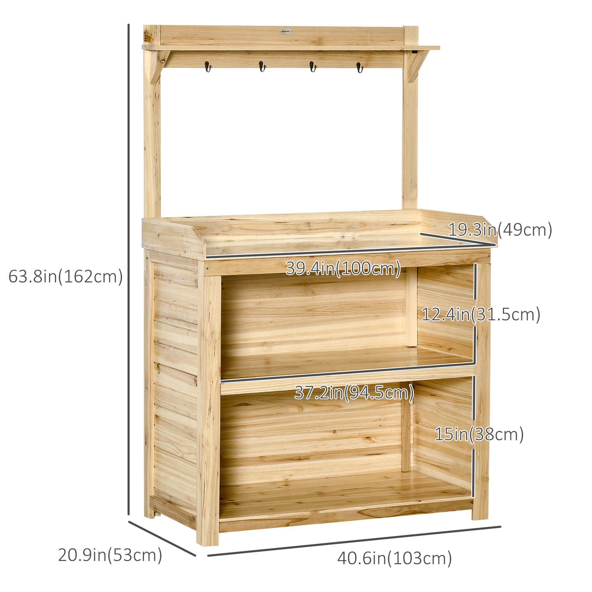 Potting Bench Table, Wooden Garden Workstation Bench with Galvanized Metal Tabletop, Storage Shelves and Hooks for Patios, Courtyards, Balcony