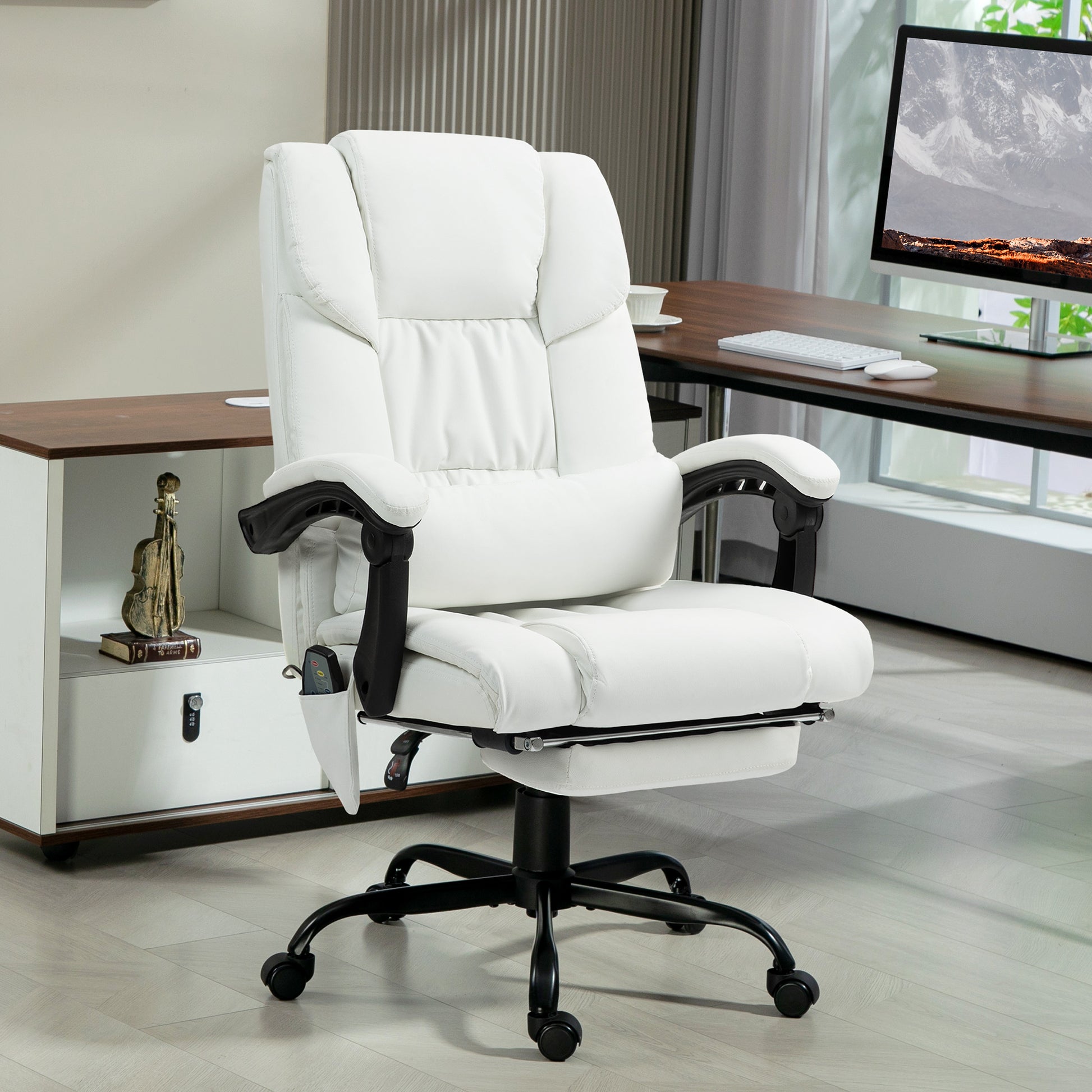 6-Point Vibration Massage Chair, Height Adjustable Reclining Computer Chair with Retractable Footrest, White