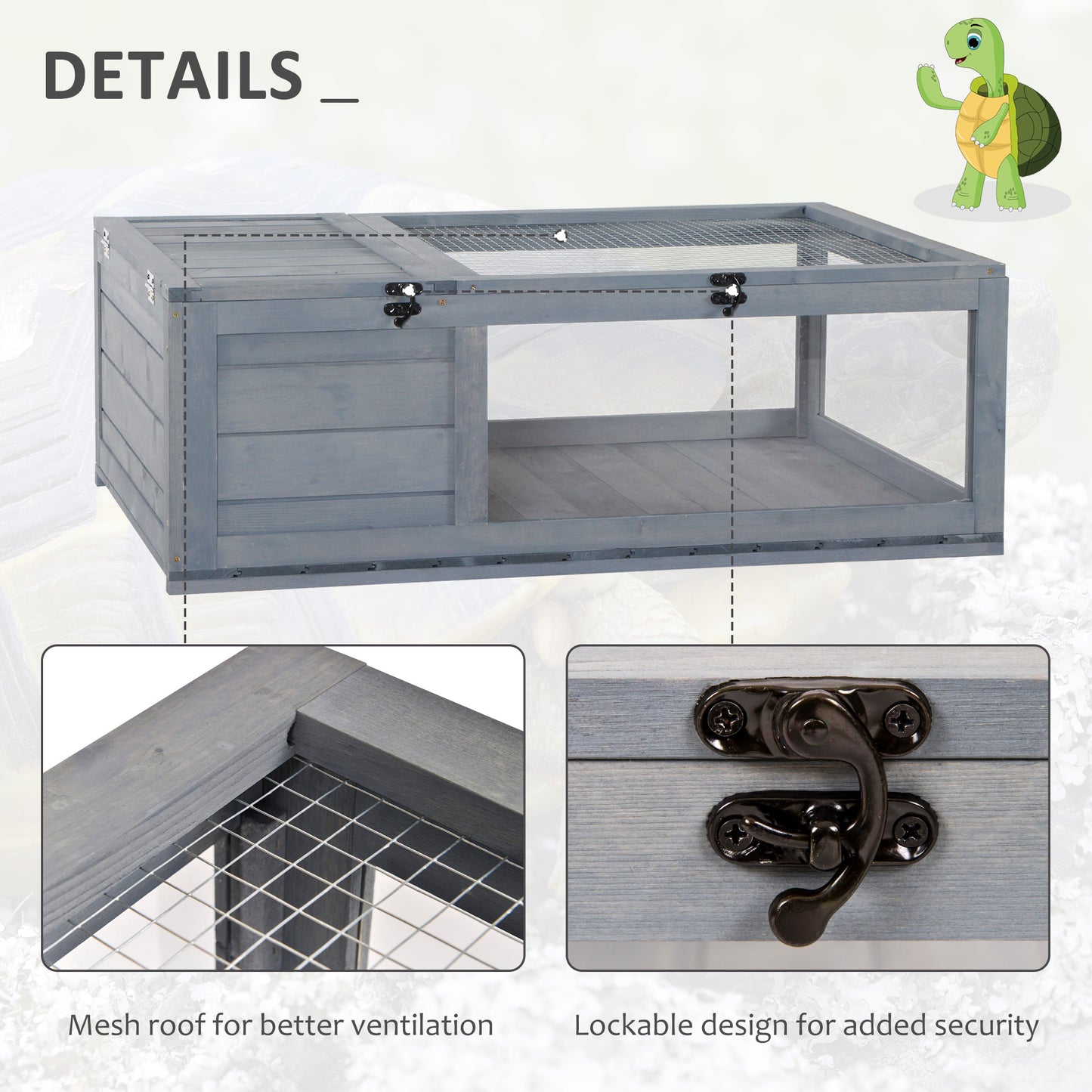Wood Tortoise House for Lizards, Geckos, Indoor Outdoor Use, 35.8" x 23.8" x 12.6", Grey