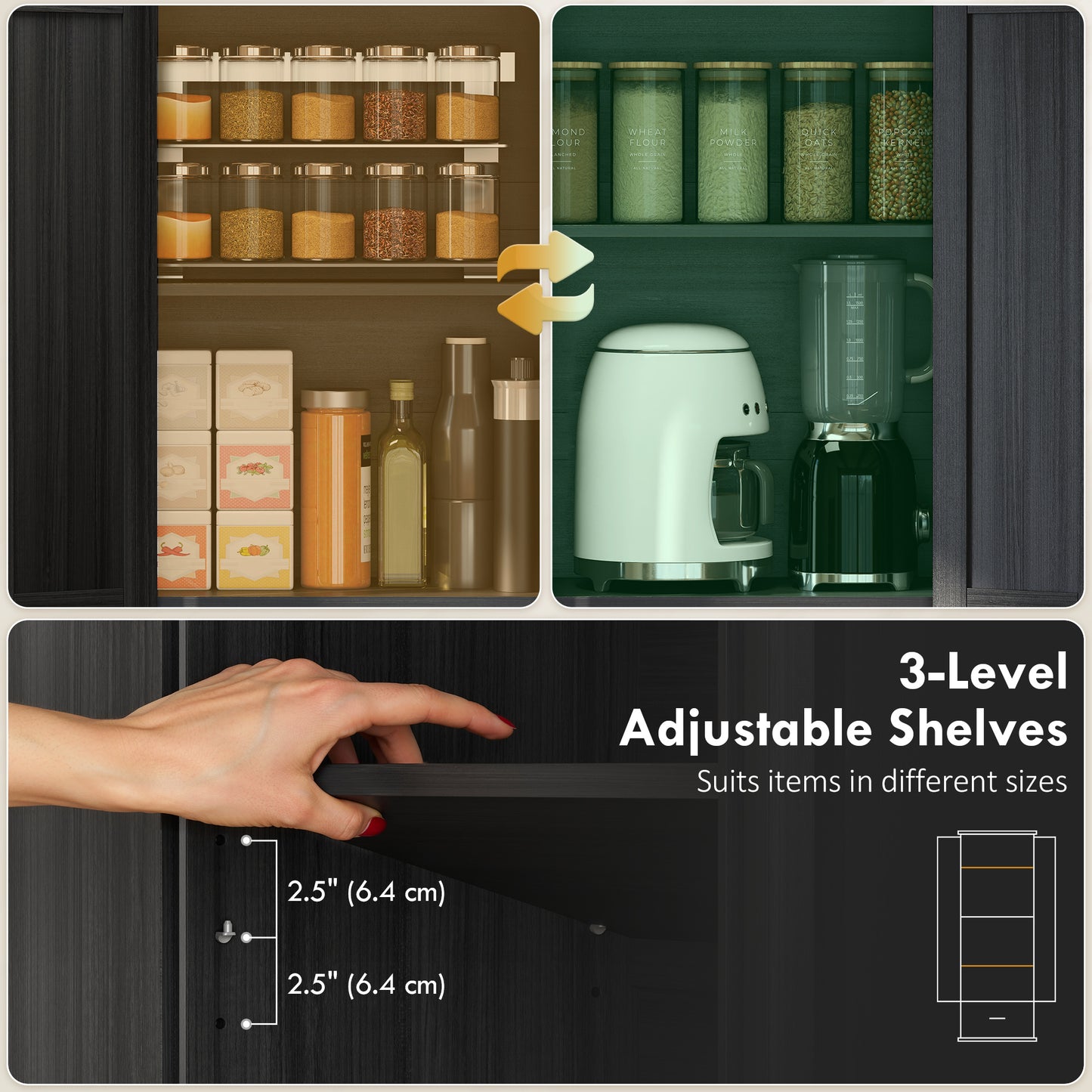 71" Pantry Cabinet, Kitchen Storage Cabinet with Adjustable Shelves, 2 Doors and Drawer for Dining Room, Black