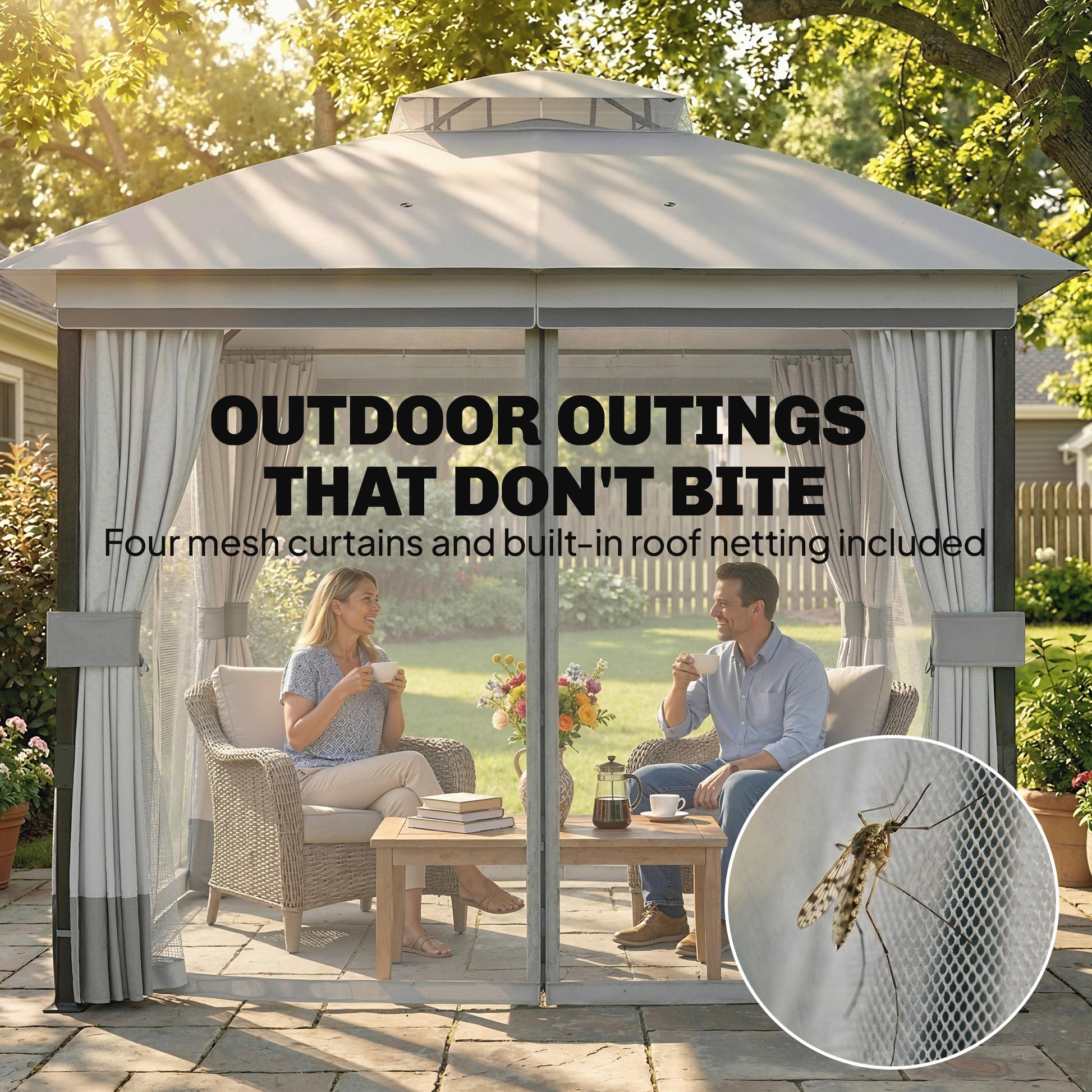 10' x 10' Patio Gazebo, UPF50+ Double Roof Outdoor Gazebo Canopy with Netting and Curtains, Steel Frame, Light Grey