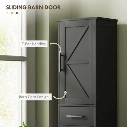 67" Tall Bathroom Cabinet, Narrow Bathroom Storage Cabinet with Drawer, Barn Doors and Adjustable Shelves, Black