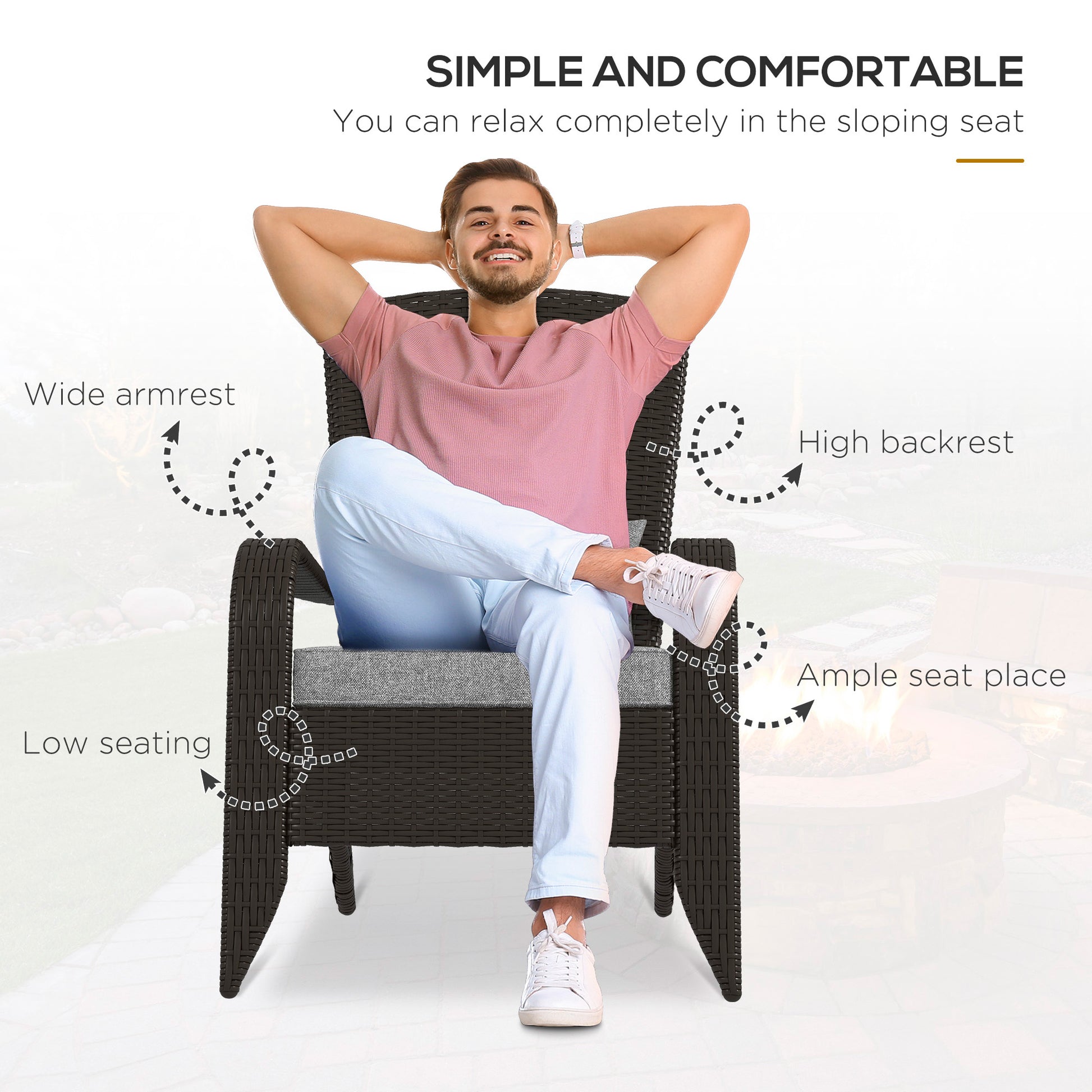 Patio Wicker Adirondack Chair, Outdoor Rattan Muskoka Chair with Cushions for Patio, Garden, Backyard, Grey