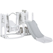 Qaba 6-in-1 Slide and Swing Set Baby Swing Playset Indoor with Basketball Hoop, Climber, Storage Space, Telescope, Grey
