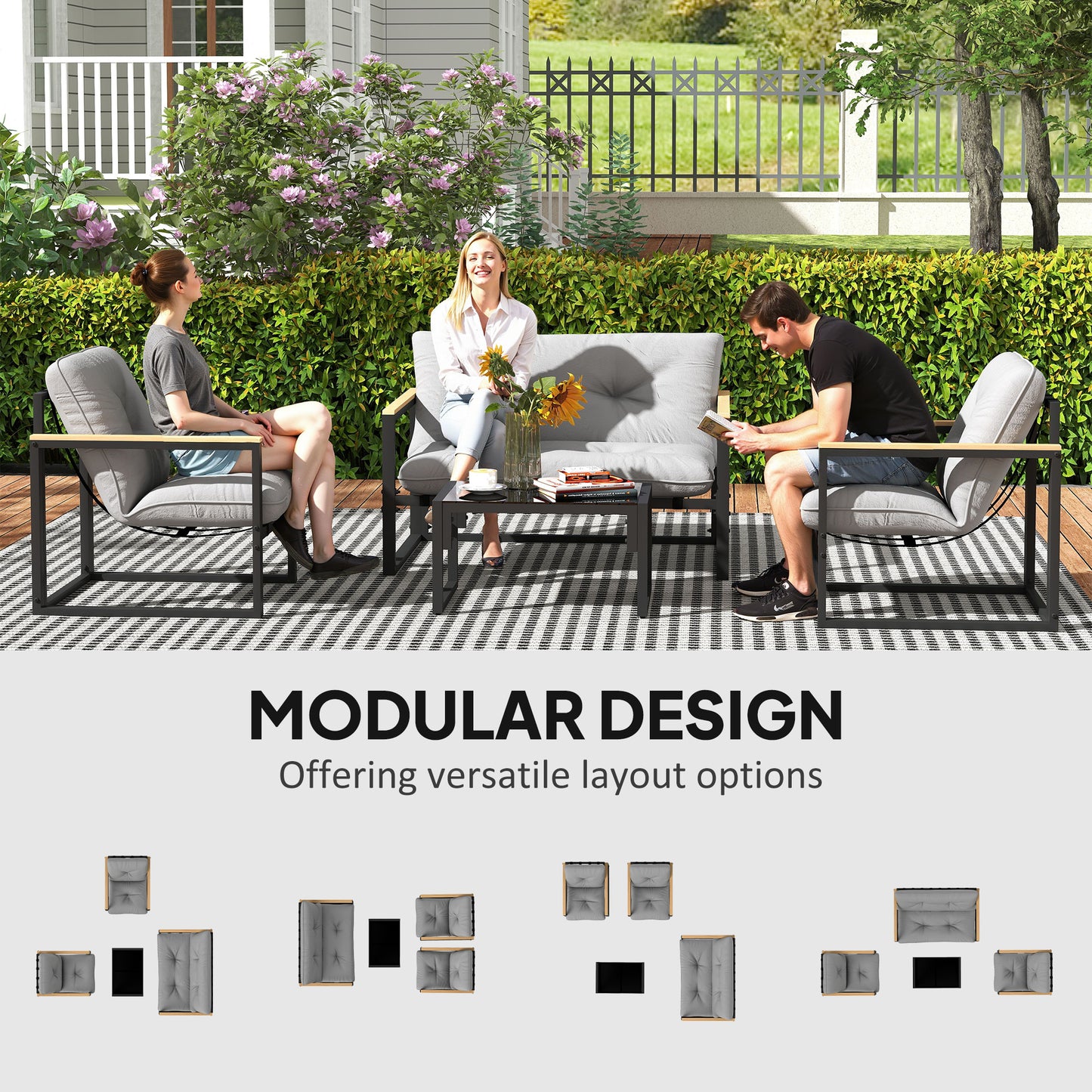 4 Piece Patio Furniture Set, Outdoor Loveseat Sofa Set with Thick Cushions and Coffee Table, Light Grey