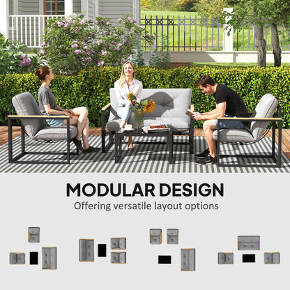 4 Piece Patio Furniture Set, Outdoor Loveseat Sofa Set with Thick Cushions and Coffee Table, Light Grey
