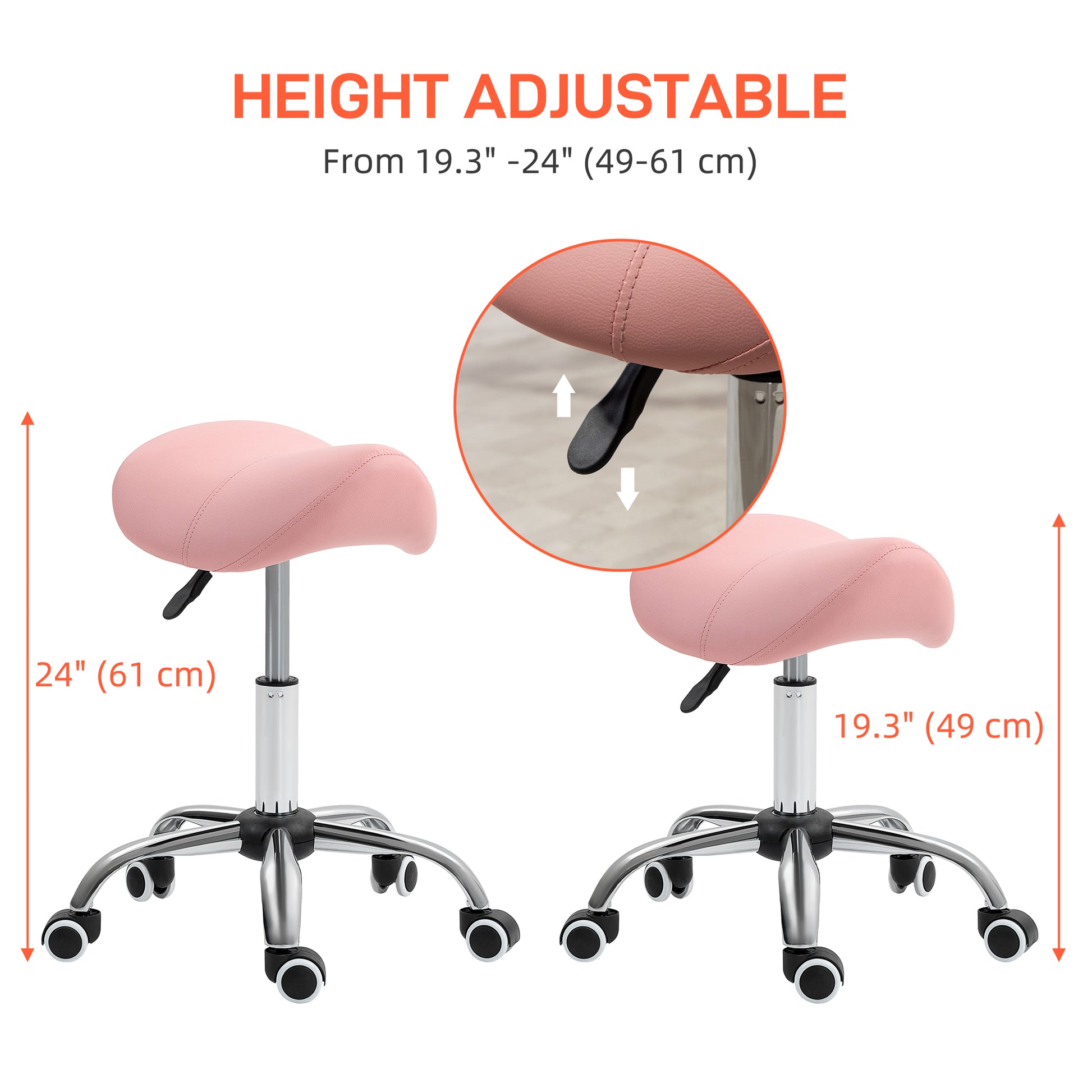 Cosmetic Stool 360° Rotate Height Adjustable Salon Massage Spa Chair Hydraulic Rolling Faux Leather Saddle Stool, Pink