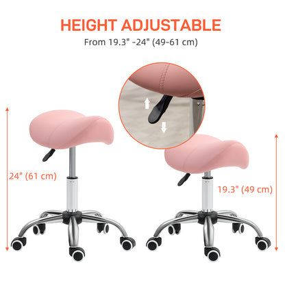 Cosmetic Stool 360° Rotate Height Adjustable Salon Massage Spa Chair Hydraulic Rolling Faux Leather Saddle Stool, Pink