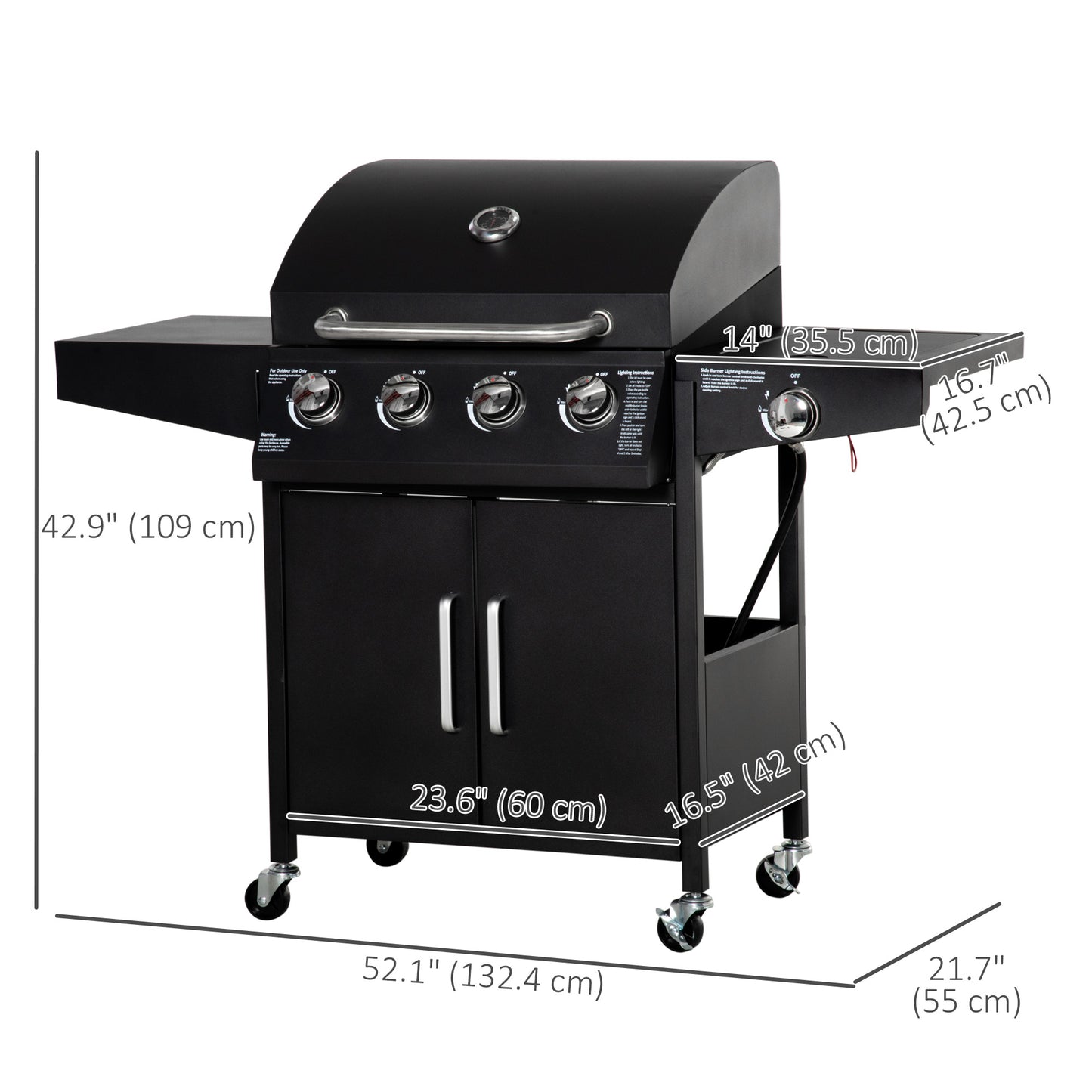 4+1 Burner Liquid Propane Gas Grill Outdoor Cabinet Style BBQ Trolley w/ Side Burner, Warming Rack, Side Shelf, Storage Cabinet, Thermometer, 4 Wheels, Carbon Steel, Black