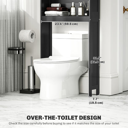 Modern Over The Toilet Storage, Bathroom Cabinets Over Toilet with Open Shelves and Double Door Cabinet, Black