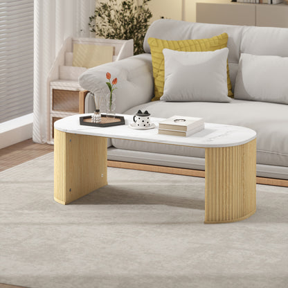Coffee Table, Modern Marble-Effect Living Room Table with Round Corners and Thicken Legs, Natural Wood