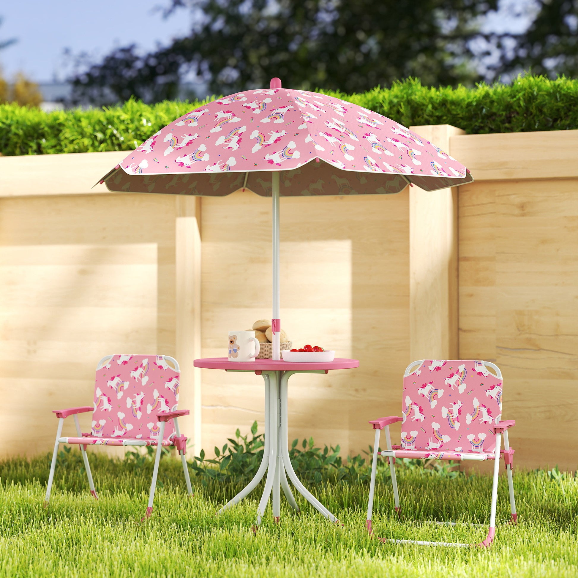 Qaba Kids Picnic Table, Kids Table and Chair Set with 2 Folding Chairs and Umbrella for Backyard, Garden, Patio, Pink
