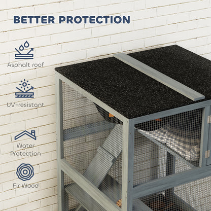 66"H Catio Outdoor Cat Enclosure on Wheels with Hammock Multiple Platforms Resting Condo Ramps for 1-3 Cats, Grey