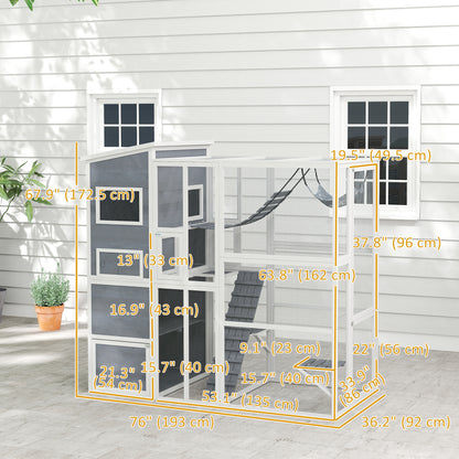 76" Catio Outdoor Cat Enclosure with Cat Condo, Jumping Platforms, Ladder, Ramps, Hammock for 2-3 Indoor Cats, Grey