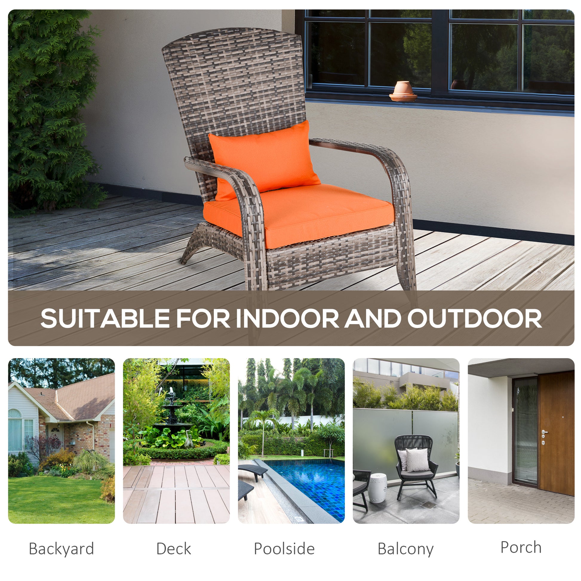 Patio Wicker Adirondack Chair, Outdoor PE Rattan Fire Pit Chair, Muskoka Chair w/ Soft Cushions, Tall Curved Backrest and Comfortable Armrests for Deck Garden, Orange