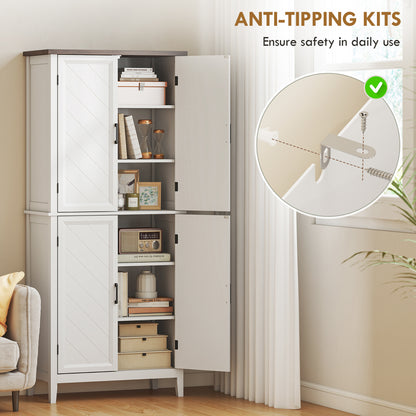 70" Tall Kitchen Storage Cabinet Modern Farmhouse Pantry Cabinet with 4 Chevron Doors and 4 Adjustable Shelves, White