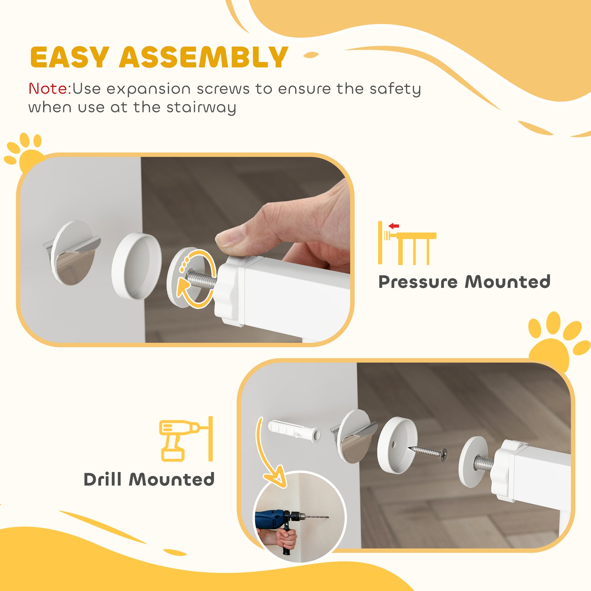 Extra Tall Dog Gate with Door, Pressure Fit, Auto Close, Double Locking for Doorways Hallways Stairs, 29"-37", White