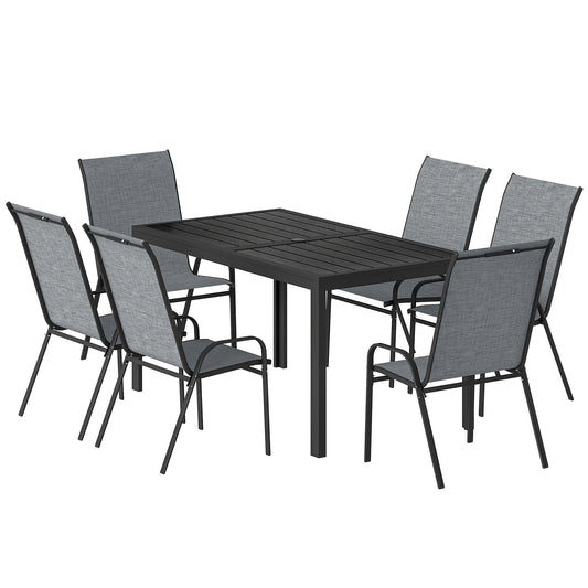 Outdoor Dining Set for 6, Faux Wood Metal Patio Table and Mesh Stackable Chairs with Umbrella Hole, Mixed Grey