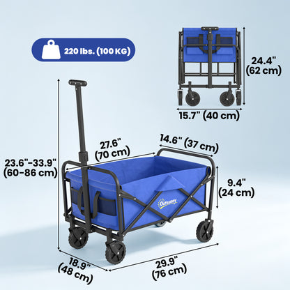 Collapsible Folding Garden Cart, Heavy Duty Lawn Wagon with Universal Wheels and Adjustable Handle, Blue