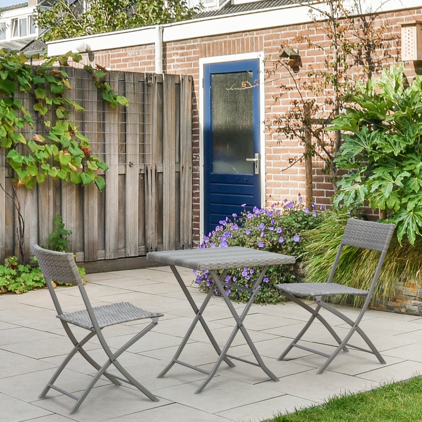 3-Piece Outdoor Folding Rattan Bistro Set, Grey