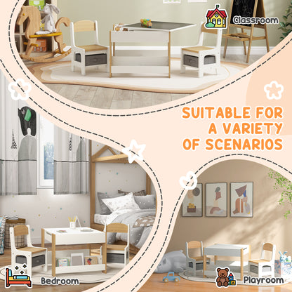 Qaba 3 Piece Kids Table and Chair Set with Reversible Tabletop, Blackboard, Storage, Bookshelf, for Playroom, Nursery Natural