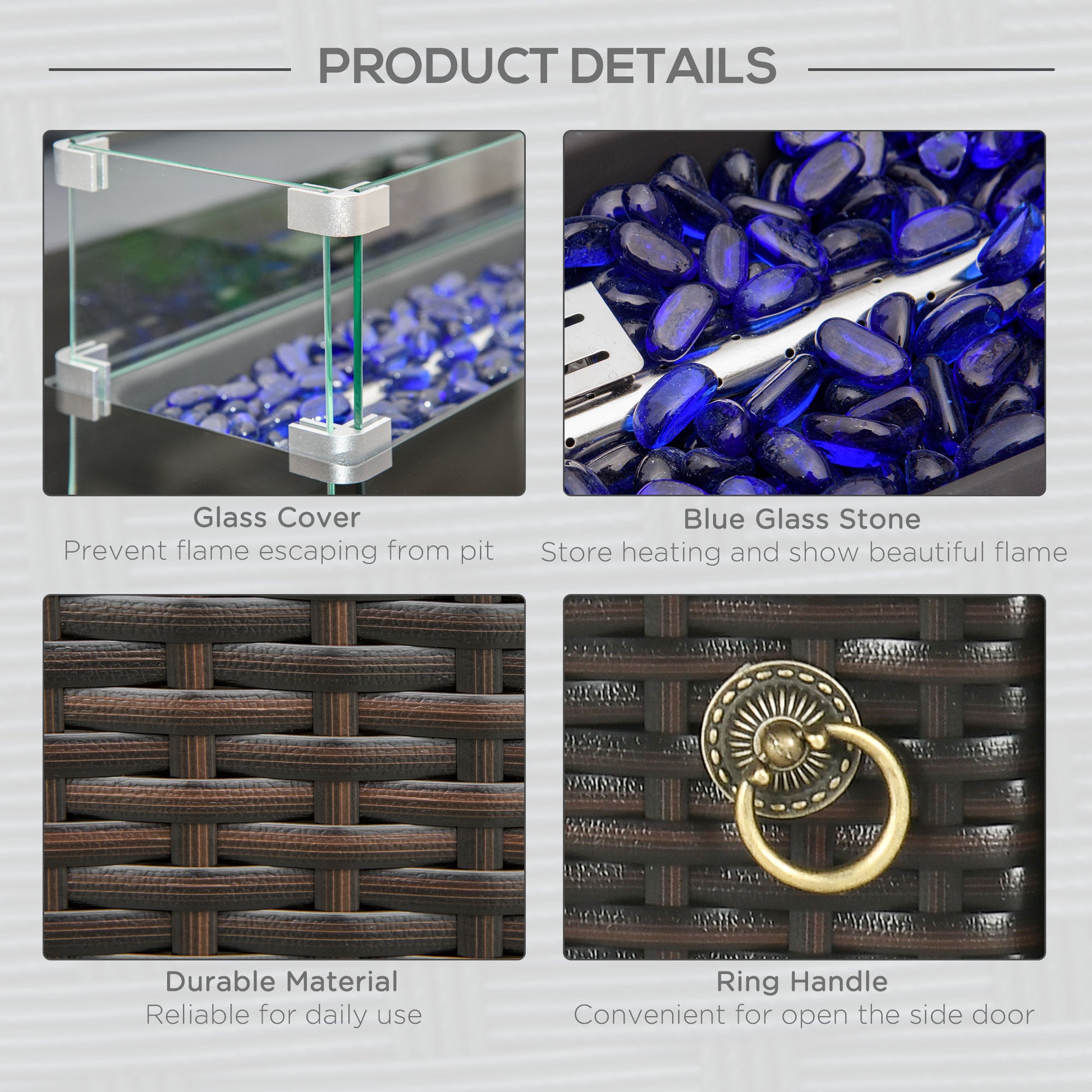 Propane Fire Pit Table 43" Outdoor Fire Table, 50,000 BTU Pulse-Ignition Wicker Firepit Furniture with Glass Wind Guard, Blue Glass Rock, CSA Certification, Coffee