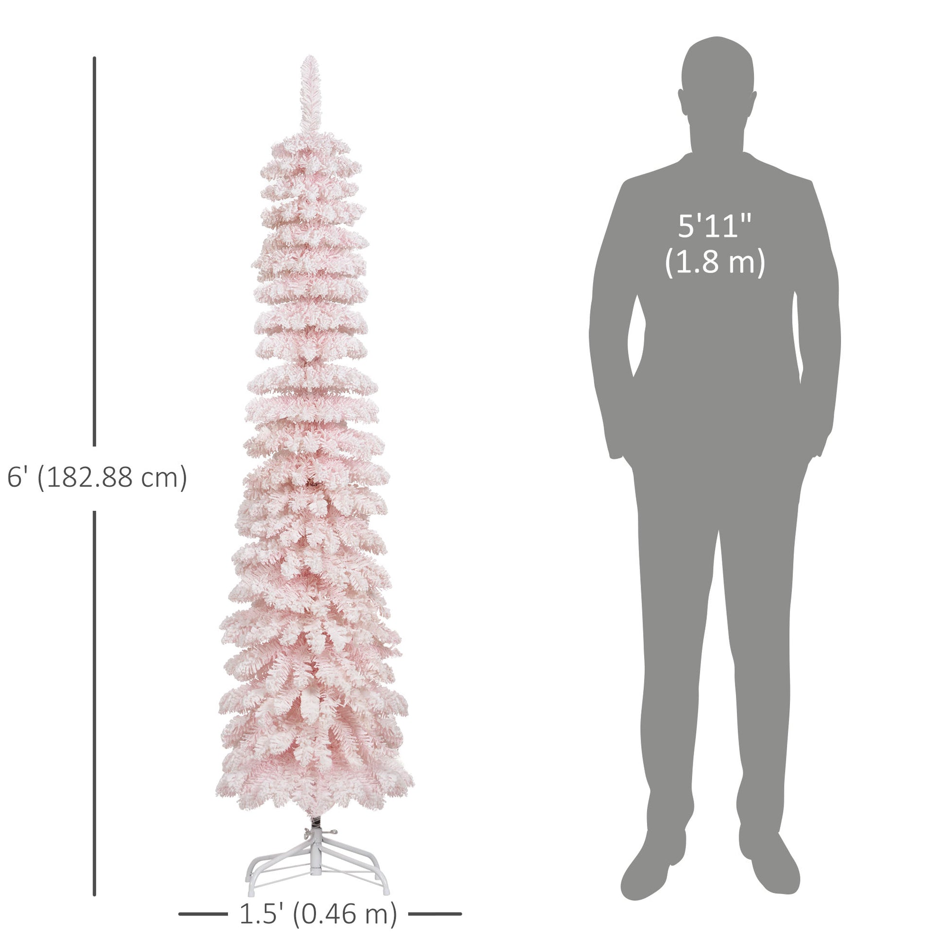 6ft Snow-Flocked Artificial Christmas Tree, Slim Pencil Xmas Tree with 395 Realistic Branches, Metal Base, Pink