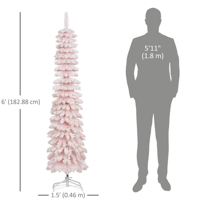 6ft Snow-Flocked Artificial Christmas Tree, Slim Pencil Xmas Tree with 395 Realistic Branches, Metal Base, Pink