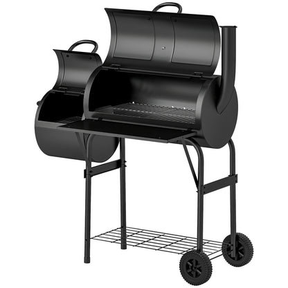Portable Outdoor Charcoal BBQ Grill with Offset Smoker, Barbecue Grill with Spacious Cooking Area, 2 Shelves, Thermometer, Wheels for Patio Backyard Party, Black