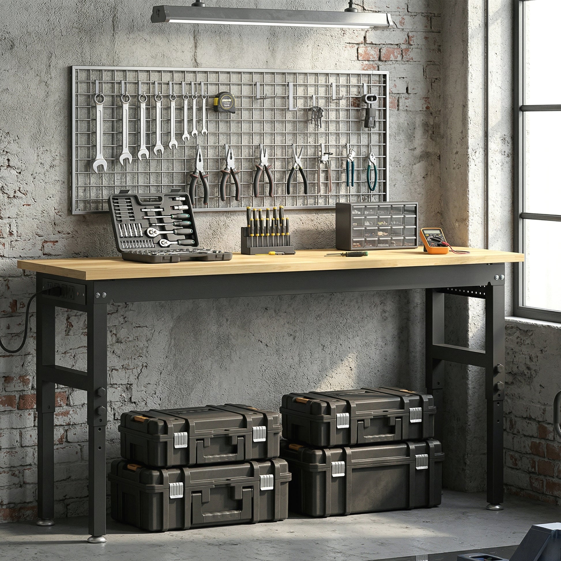 60" Adjustable Workbench, Heavy Duty Work Table with Rubber Wood Top, Power Outlets, Pegboard, 2000 LBS Capacity