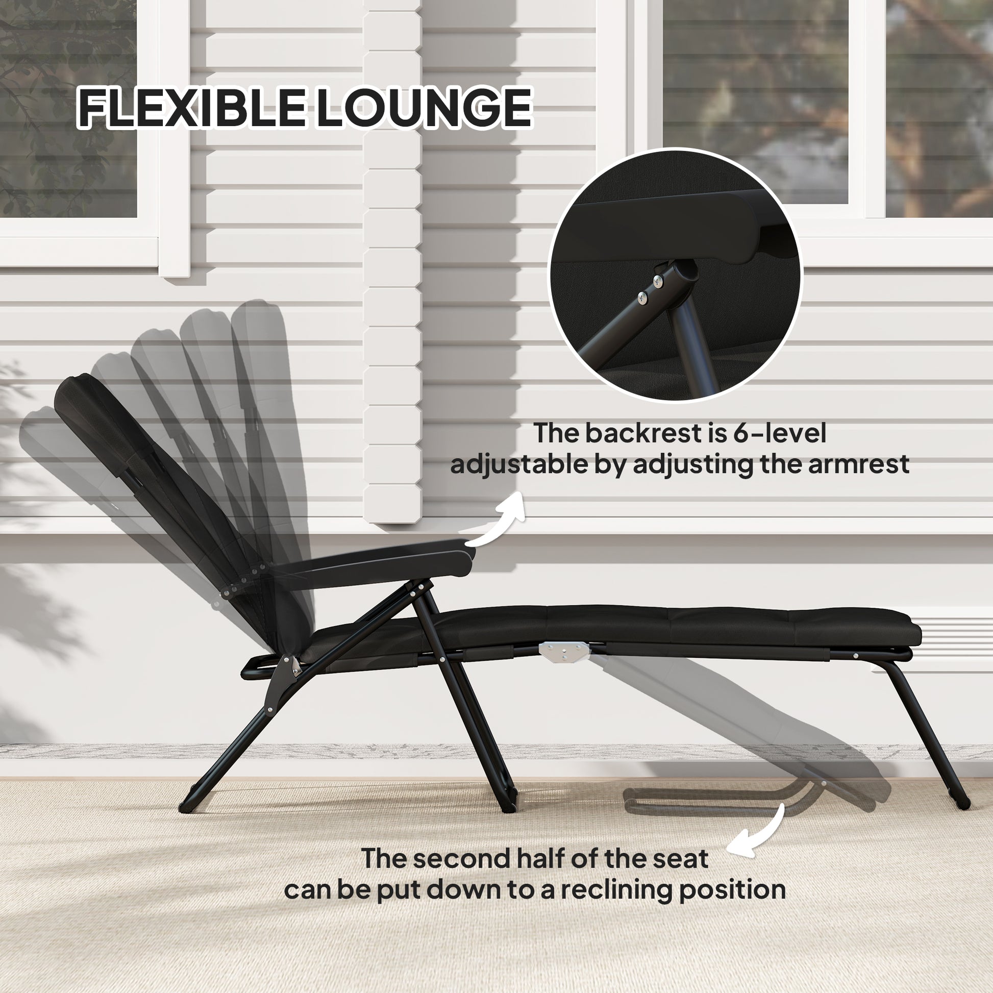 Foldable Lounge Chair, Reclining Patio Sun Lounger with 6-Position Adjustable Back, Black
