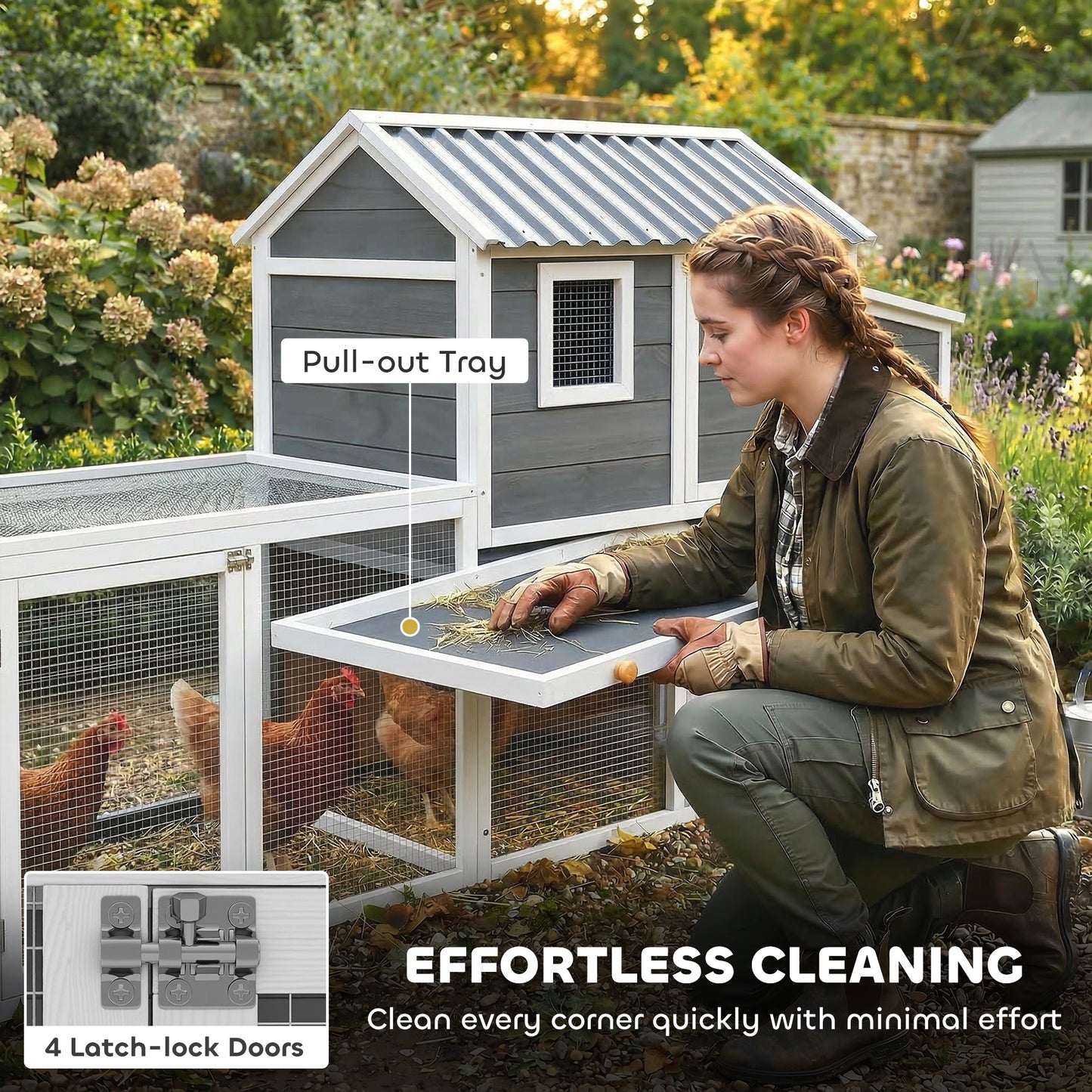 Large Chicken Coop, 134"L Wooden Chicken House with Run, Nesting Box, Slide-Out Tray, Waterproof Roof and Ramp