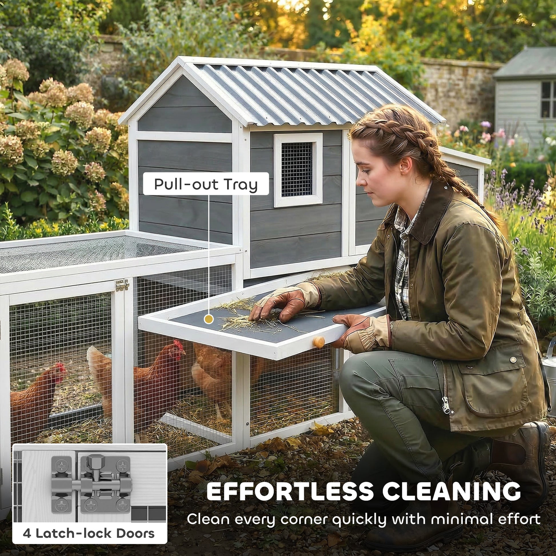 Large Chicken Coop, 134"L Wooden Chicken House with Run, Nesting Box, Slide-Out Tray, Waterproof Roof and Ramp