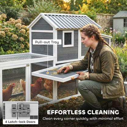 Large Chicken Coop, 134"L Wooden Chicken House with Run, Nesting Box, Slide-Out Tray, Waterproof Roof and Ramp