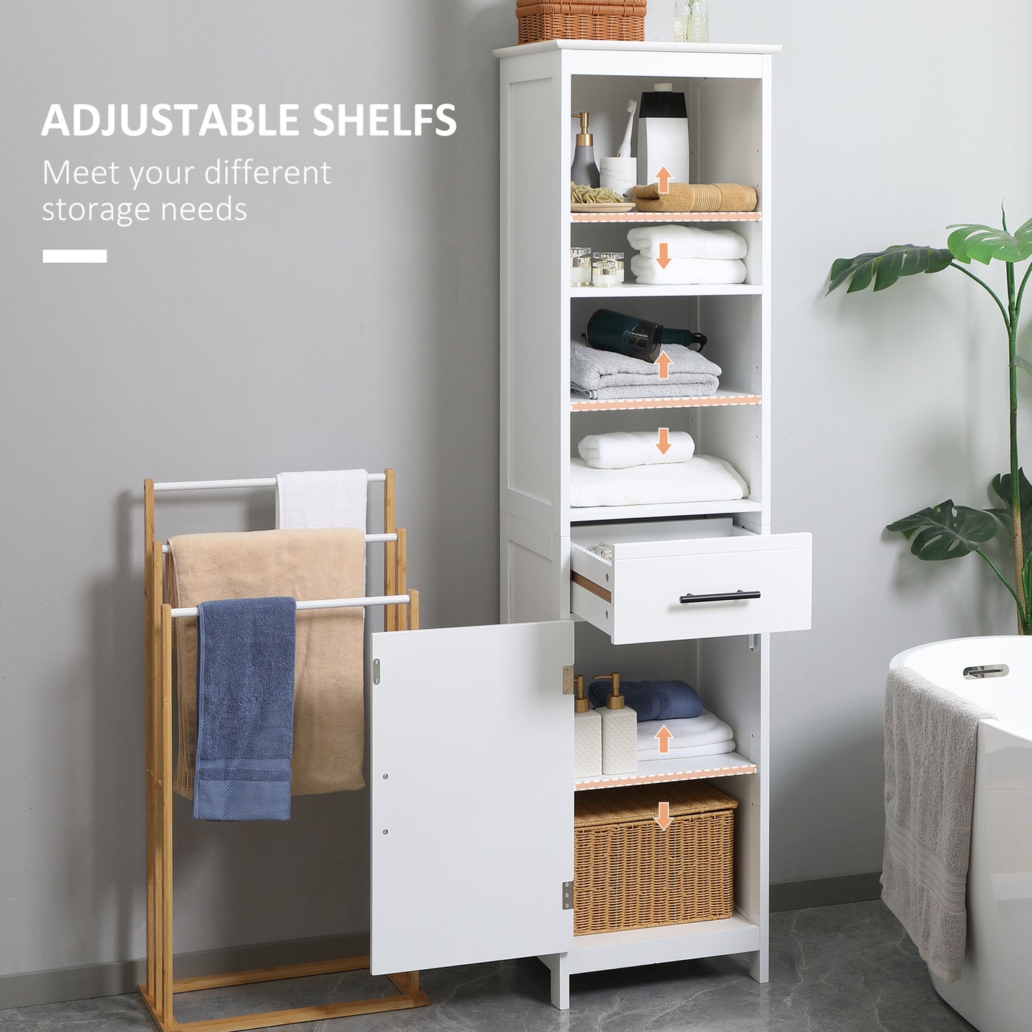 Tall Bathroom Storage Cabinet, Free Standing Bathroom Cabinet Slim Side Organizer w/ 3-Tier Open Shelf, Door, and Drawer, White