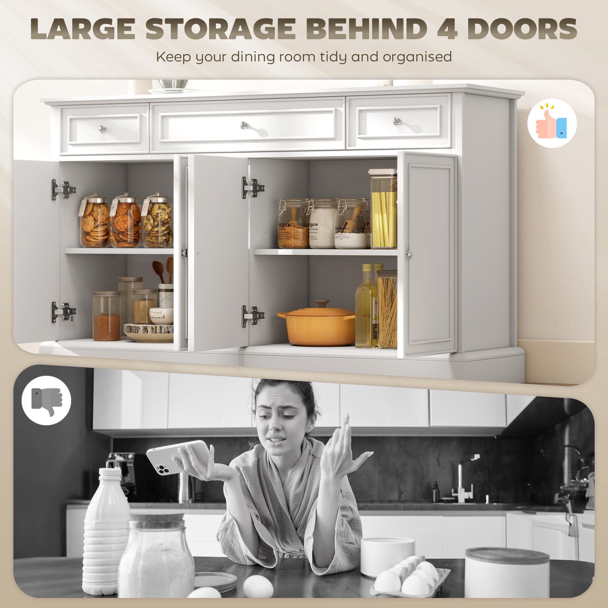 Sideboard Buffet Cabinet, 54" Kitchen Storage Cabinet with Soft-Close Doors, 3 Drawers and 2 Adjustable Shelves, White