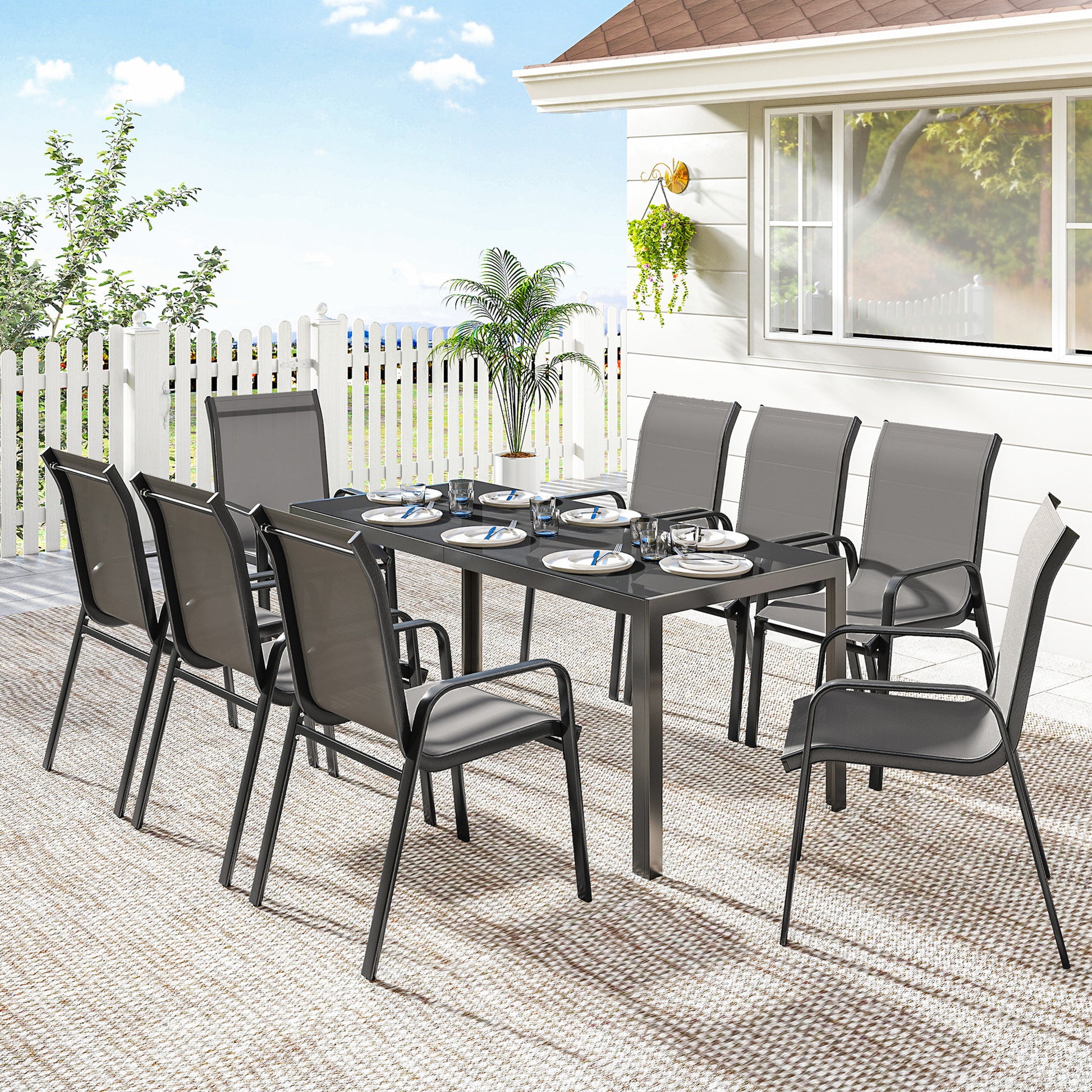 9 Pieces Patio Set with Stackable Chairs, Patio Dining Set with Glass Top for Garden, Patio, Backyard, Dark Grey