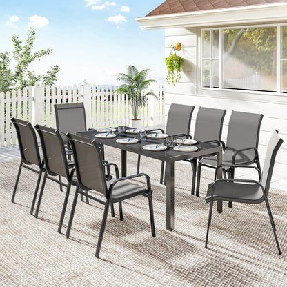 9 Pieces Patio Set with Stackable Chairs, Patio Dining Set with Glass Top for Garden, Patio, Backyard, Dark Grey