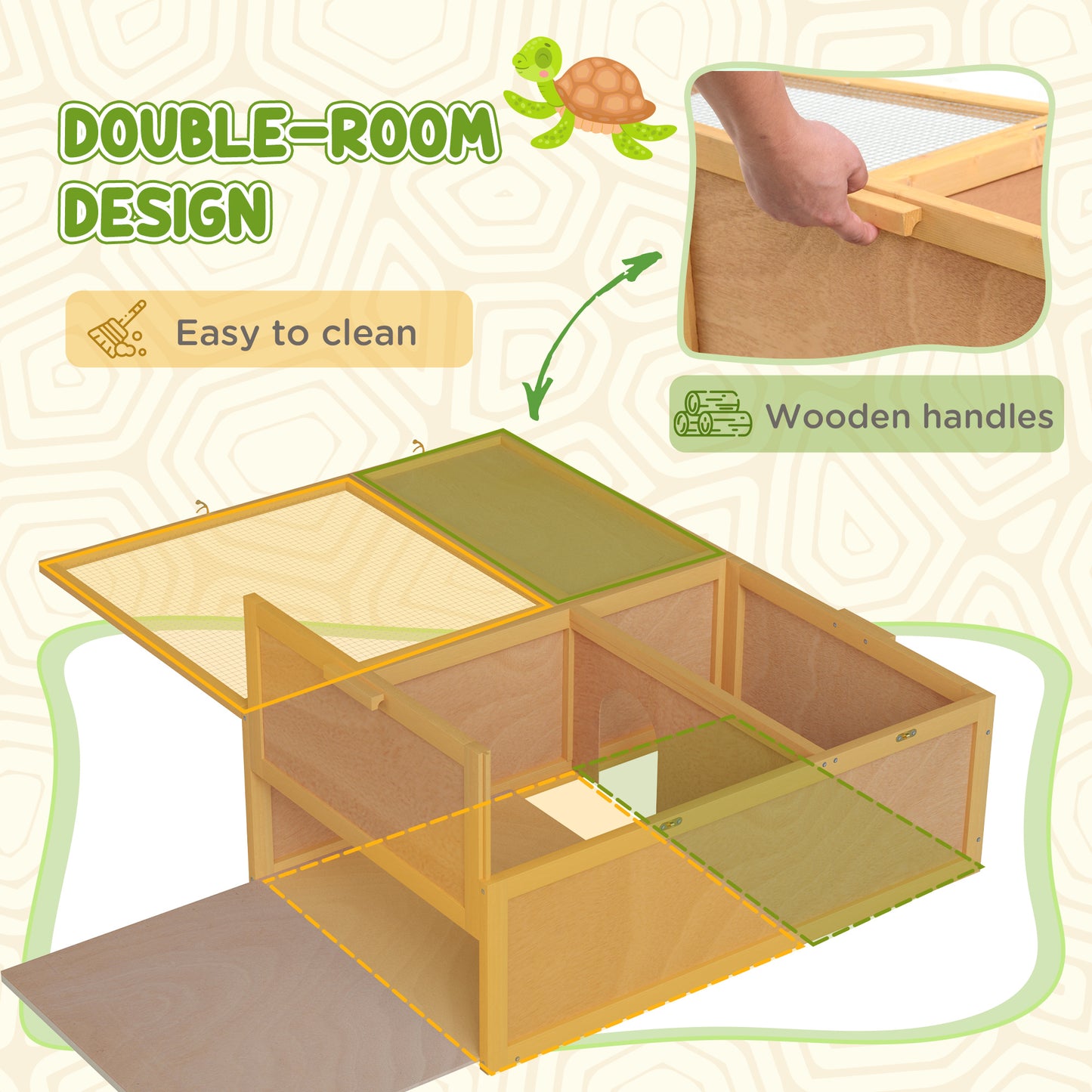 Wooden Tortoise Enclosure with Two Room Design, for Indoor Use, 37" x 25" x 13", Nature Wood
