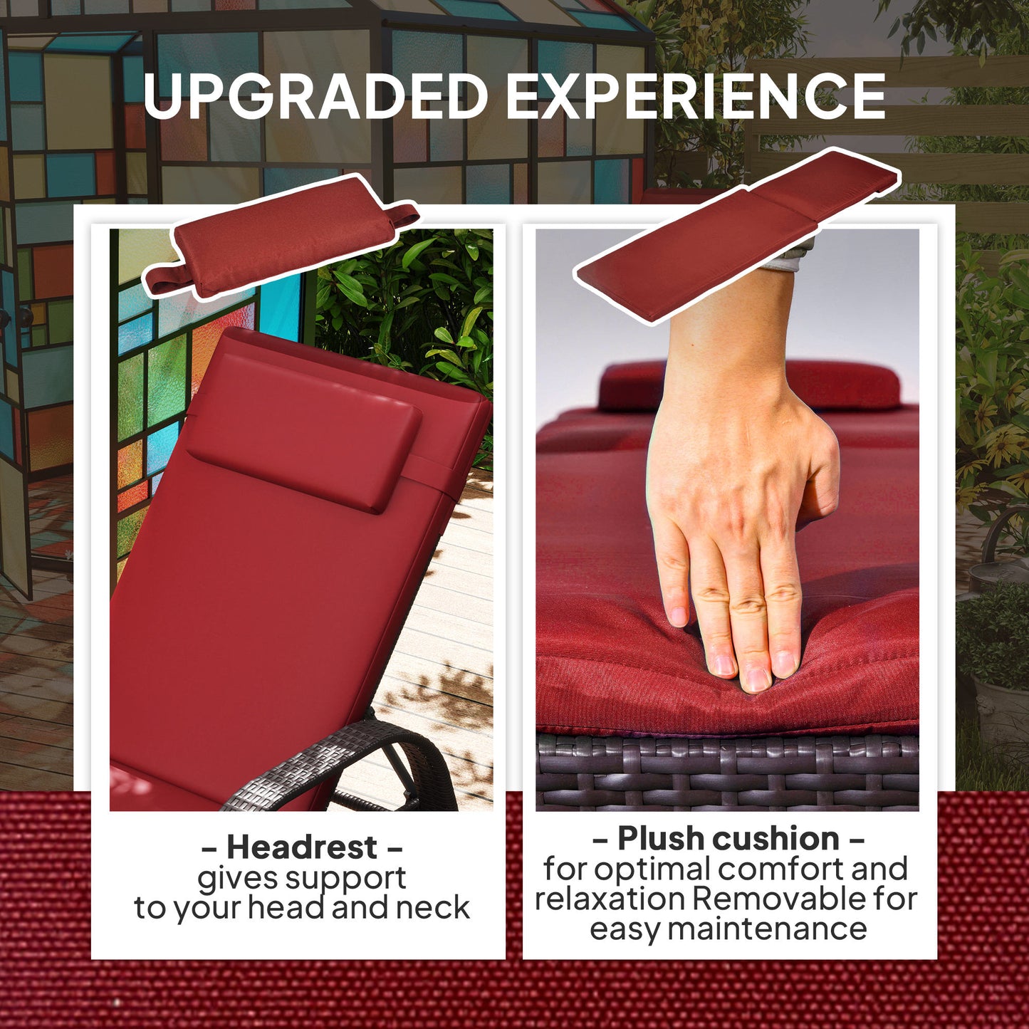 Outdoor Lounger, Deck Lounge Chair with Headrest, 5-Level Adjustable, Backrest, Wheels, Deep Coffee and Wine Red