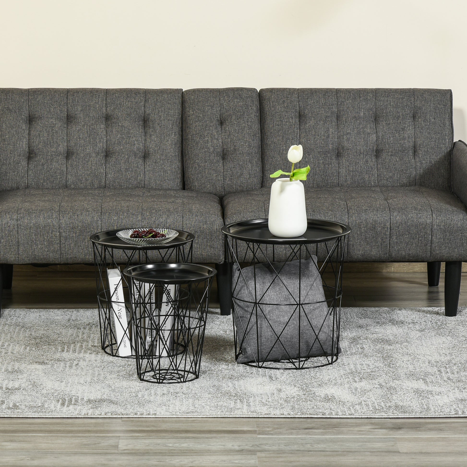 Set of 3 Nesting Coffee Tables with Storage, Round End Table with Removable Tray, Basket Side Tables with Metal Frame for Living Room, Black