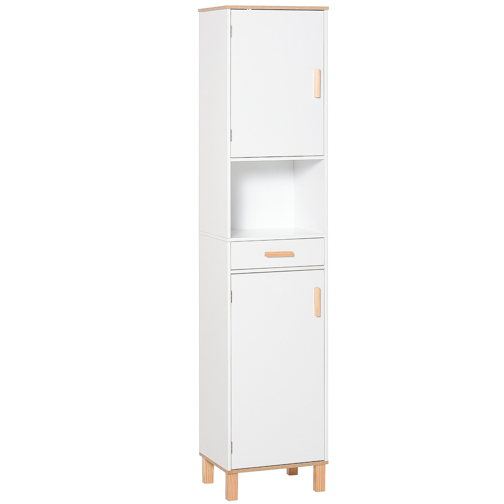 Bathroom Storage Cabinet with Cupboards and Drawer, Floor Free Standing Linen Tower, Tall Slim Side Organizer Shelves, White