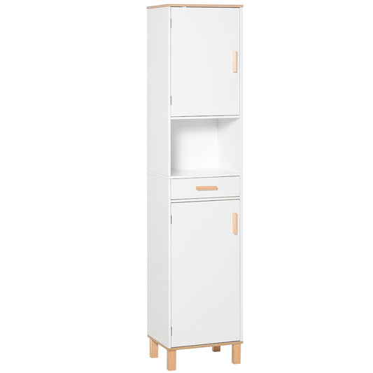 Bathroom Storage Cabinet with Cupboards and Drawer, Floor Free Standing Linen Tower, Tall Slim Side Organizer Shelves, White