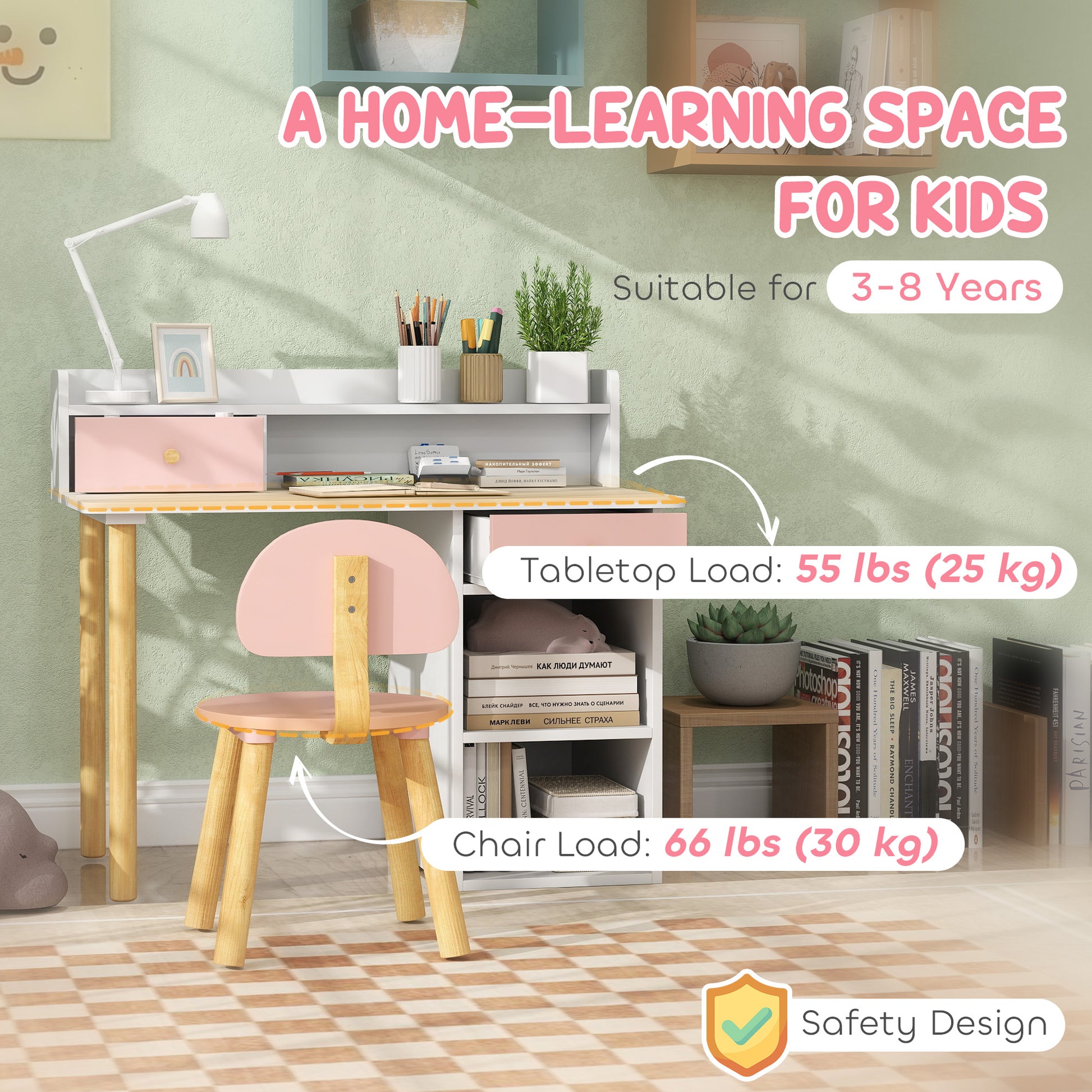 Qaba Kids Study Table and Chair Set, Kids Desk and Chair Set w/ Storage and Shelves, for 3-8 Year Old, Pink