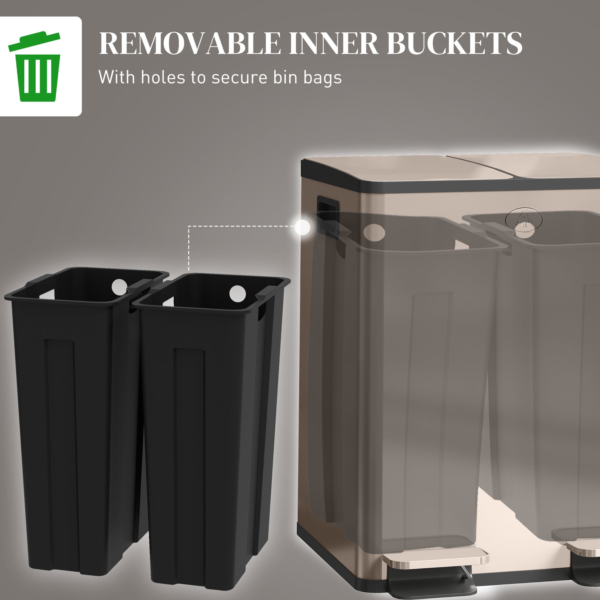 Dual Garbage Bin, Soft-Close Trash Can with Foot Pedal, 2 x 20 Liter Garbage Can with Removable Inner Buckets, Gold