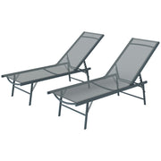 2 Pieces Folding Outdoor Lounge Chairs, Reclining Chaise Lounge Tanning Chair w/ Adjustable Back, Mesh Seat, Light Grey